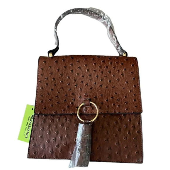 NWT Faux Leather Ostrich Pattern Tassel Top Handle Crossbody Bag Brown - Picture 1 of 10